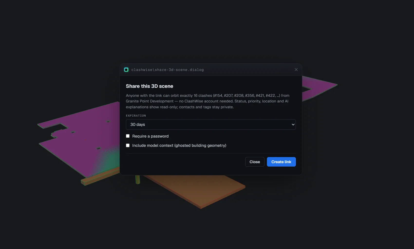 Current ClashWise interface: Share this 3D scene dialog with an expiry setting and optional password
