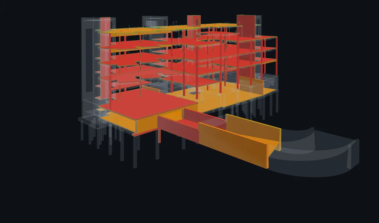 ClashWise model coloured by priority, highlighting selected issues against muted building context